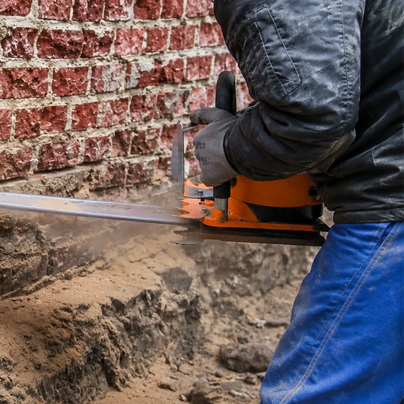 Handwerker schneidet mit einer Mauersäge präzise in ein freigelegtes Ziegelmauerwerk zur Mauerwerkstrockenlegung.