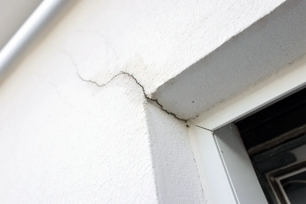 Rissbildung an einer Innenwand über einem Fenster als möglicher Hinweis auf Feuchtigkeits- oder Bauschäden im Mauerwerk.